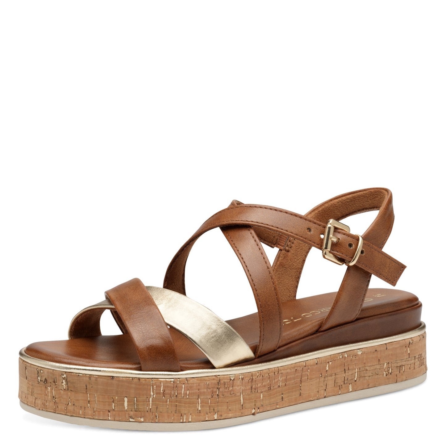 MT Tan & Gold Cork Sole Sandals - Cognac Comb