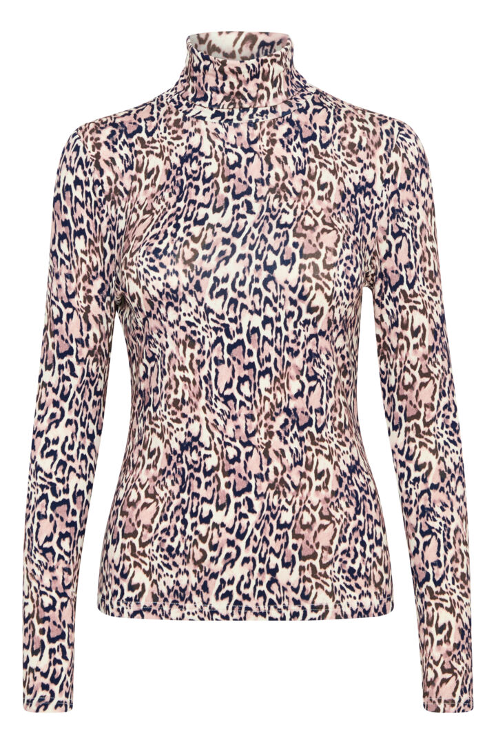 ICHI Nava Polo Top - Brown Leopard