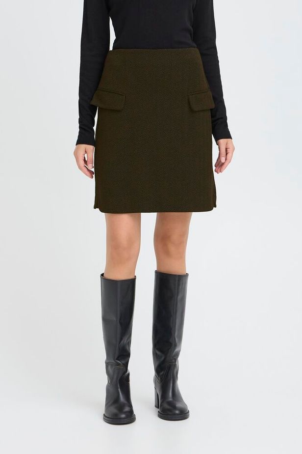 ICHI Kate Jacquard Skirt - Black/Brown Herringbone