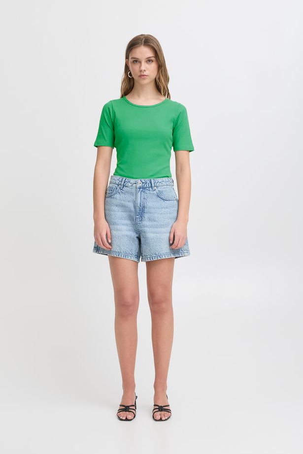 ICHI Palmer Rib Short Sleeve Top - Pine Green