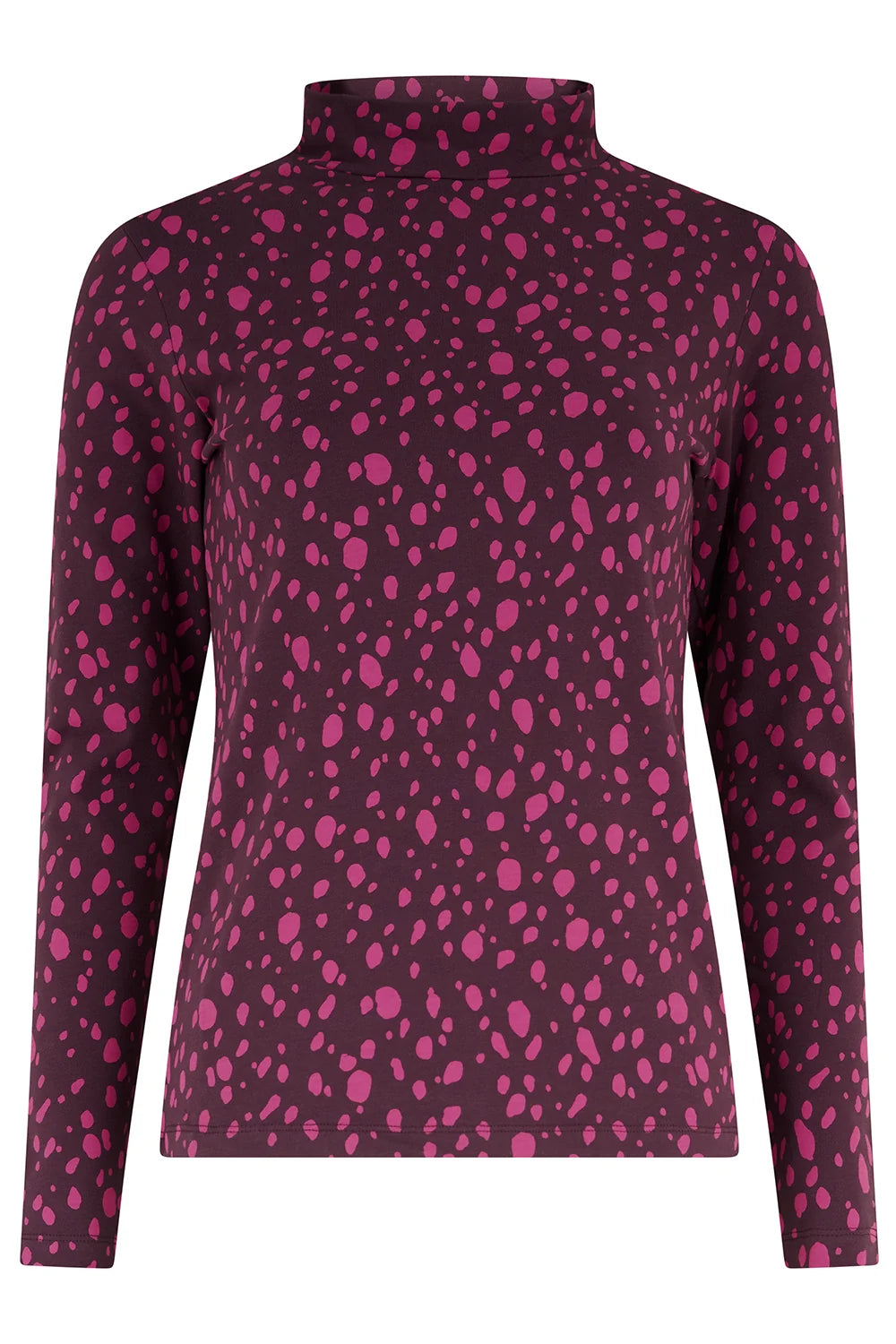 Annika Turtleneck Jersey Top - Brown Dalmatian Dot