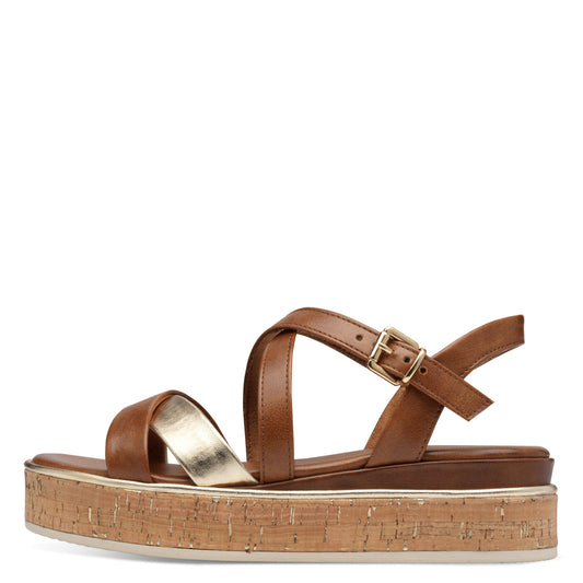 MT Tan & Gold Cork Sole Sandals - Cognac Comb