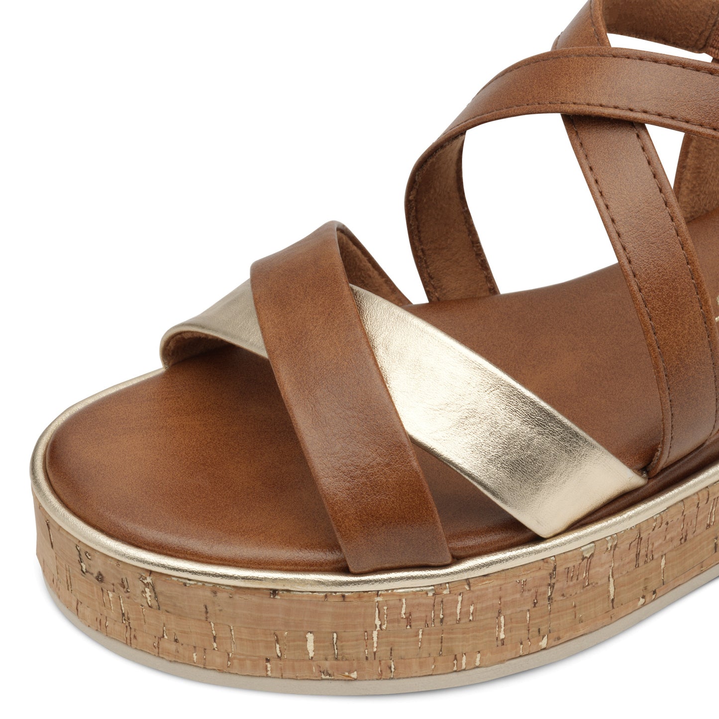 MT Tan & Gold Cork Sole Sandals - Cognac Comb