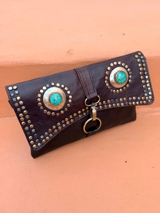 Maroc Leather Bag - black/turquoise stones