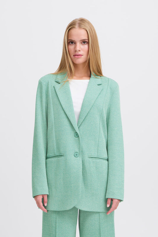 ICHI Kate Jacquard Oversized Blazer - Beryl Green/Almond Herringbone