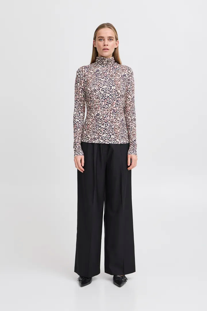 ICHI Nava Polo Top - Brown Leopard