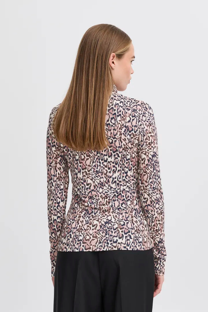 ICHI Nava Polo Top - Brown Leopard