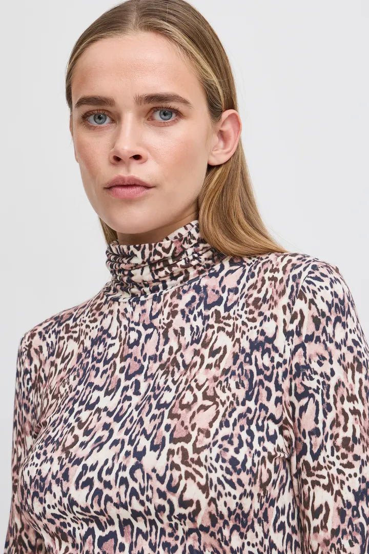 ICHI Nava Polo Top - Brown Leopard