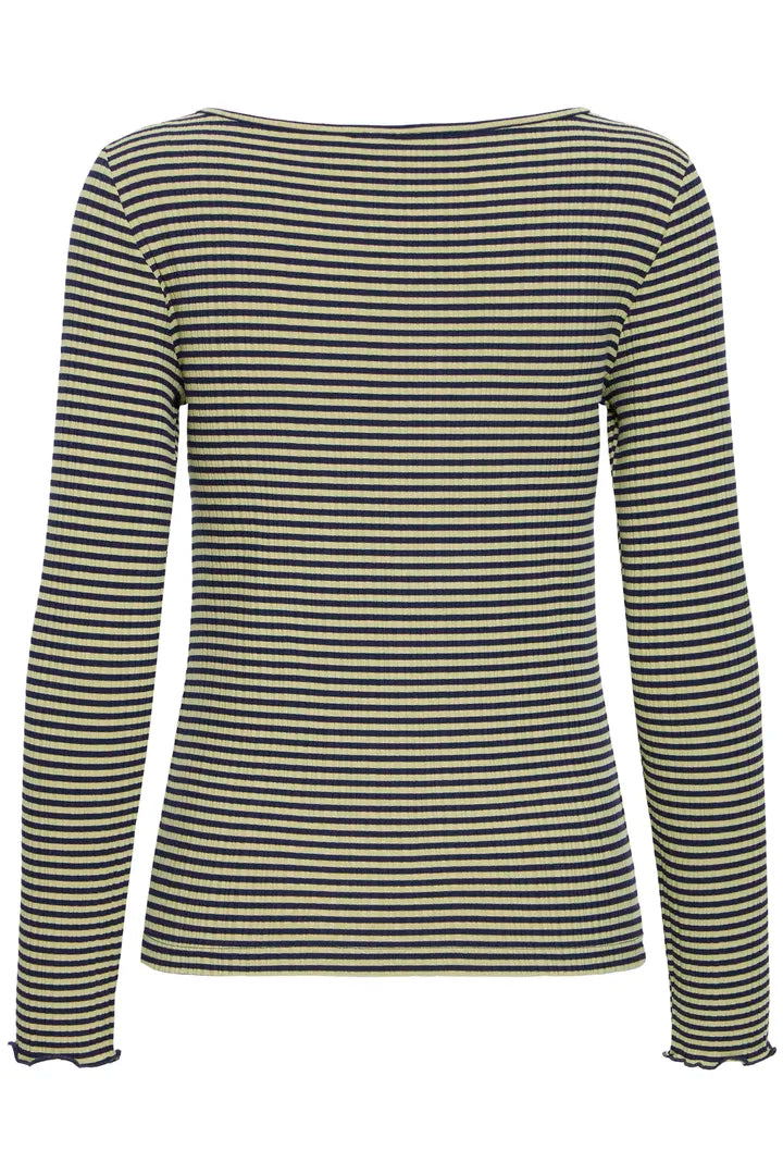 ICHI Cella Long Sleeve Top - Leek Green Maritime Blue