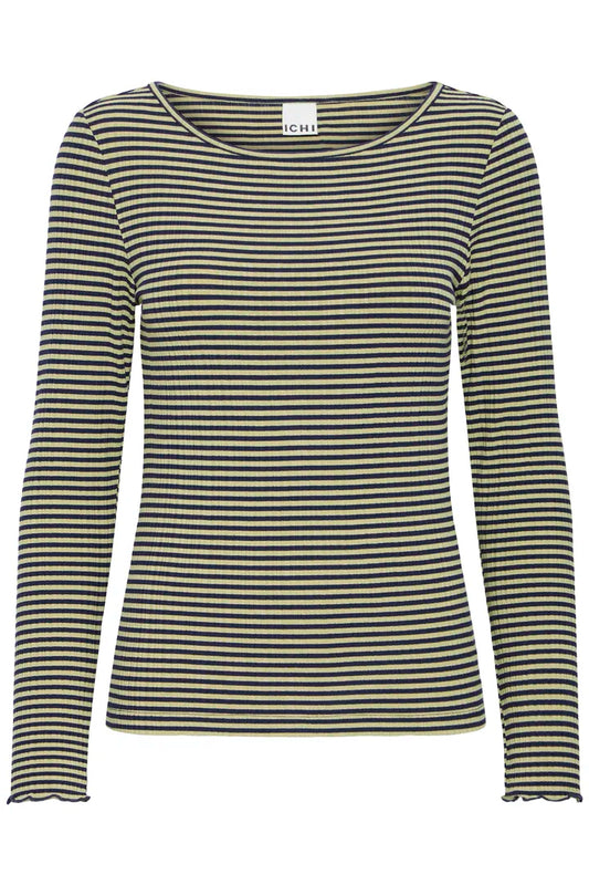 ICHI Cella Long Sleeve Top - Leek Green Maritime Blue