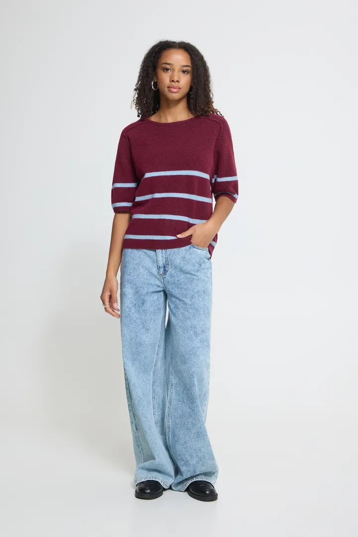 ICHI Dasila Short Sleeve Pullover - Rhododendron with Blue Stripe