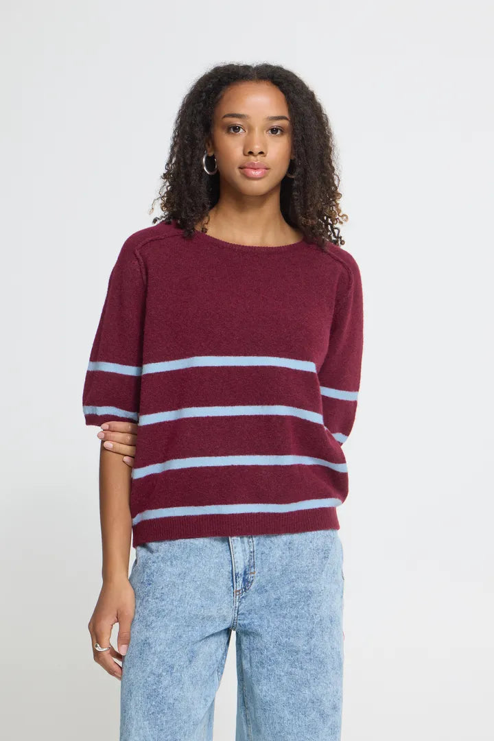 ICHI Dasila Short Sleeve Pullover - Rhododendron with Blue Stripe