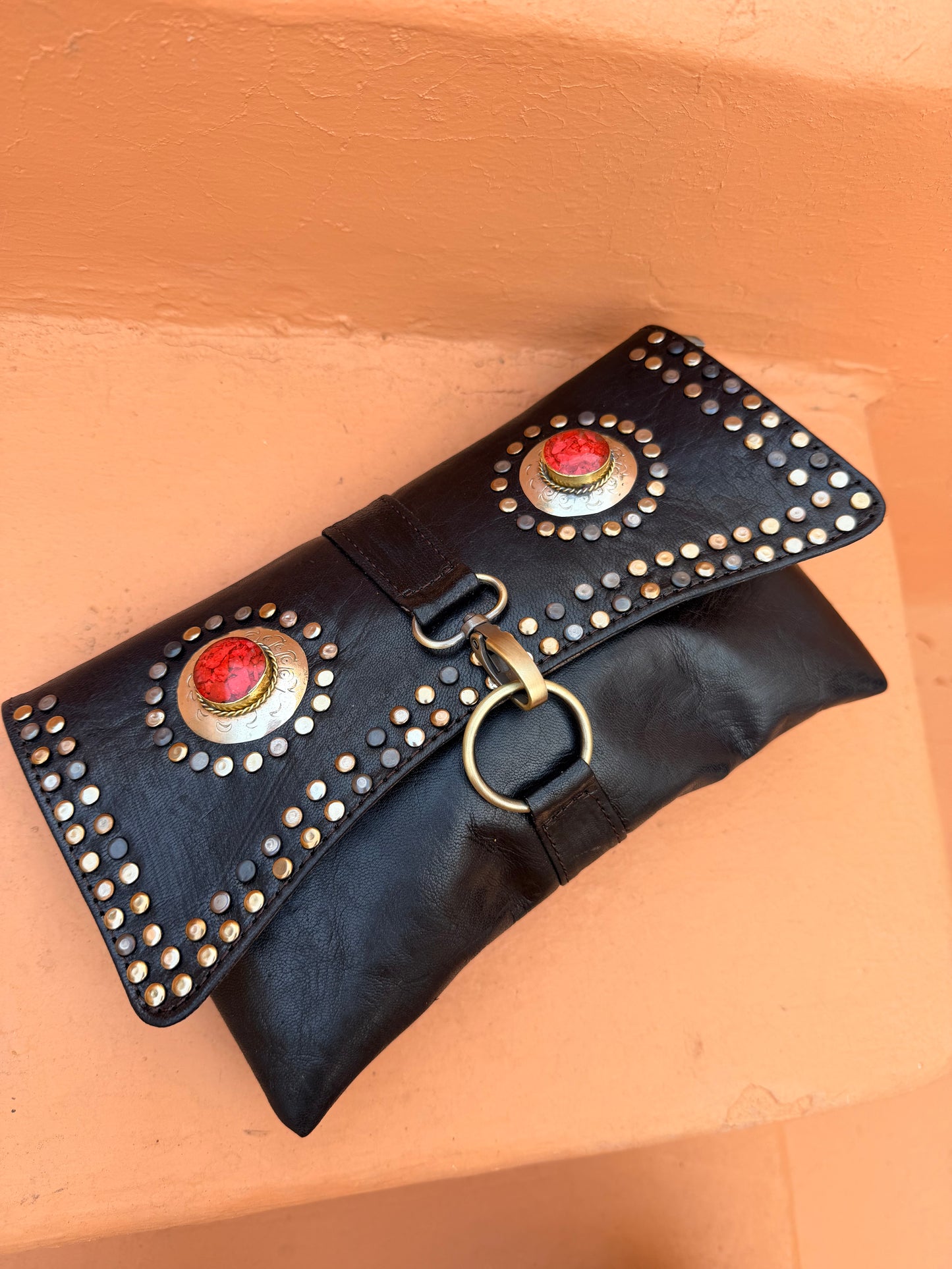 Maroc Leather Bag - black/red stones