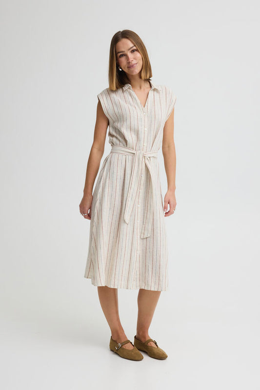 ICHI Linno Dress - Brown Stripe