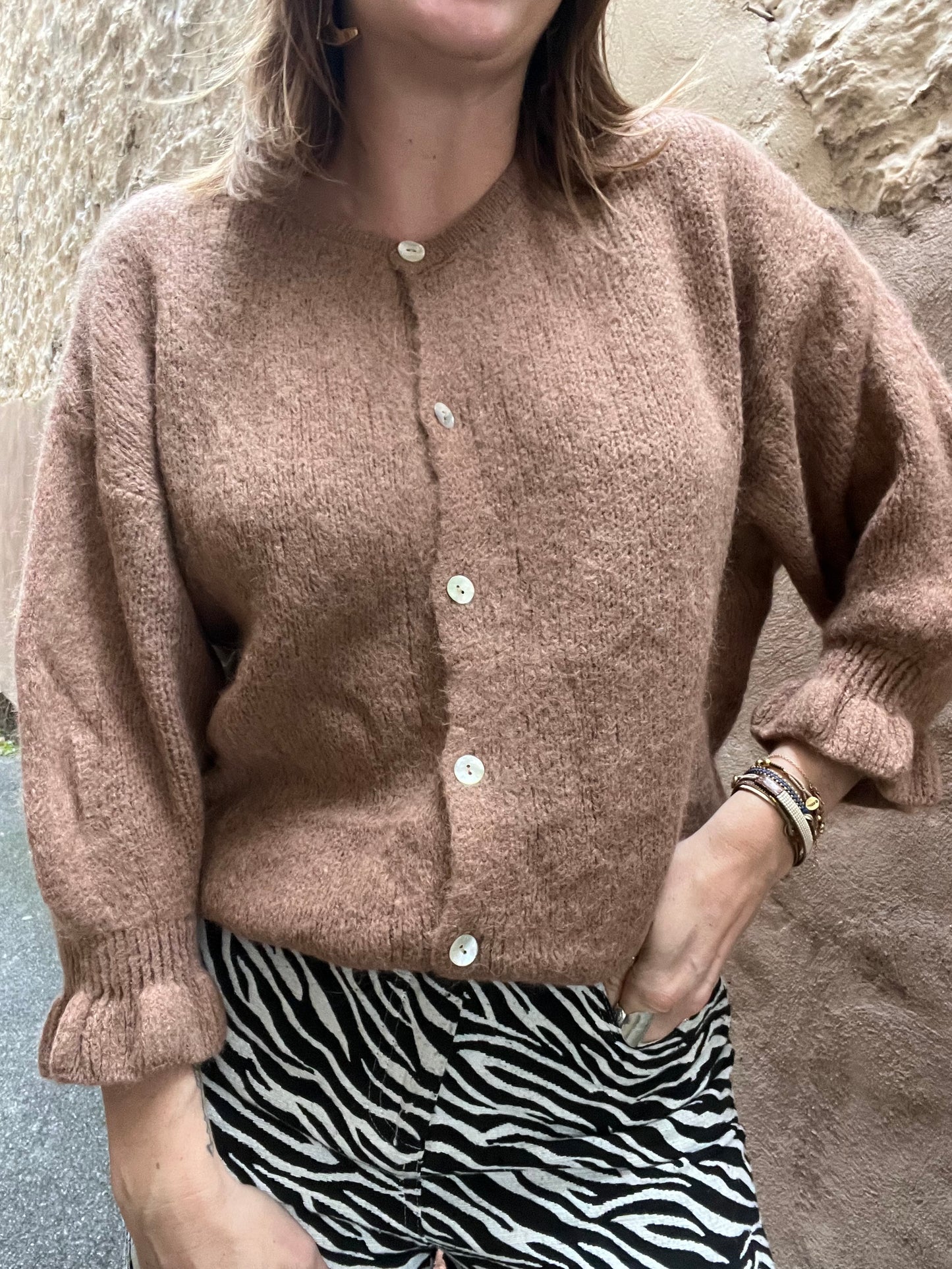 Frill sleeve cardi - camel