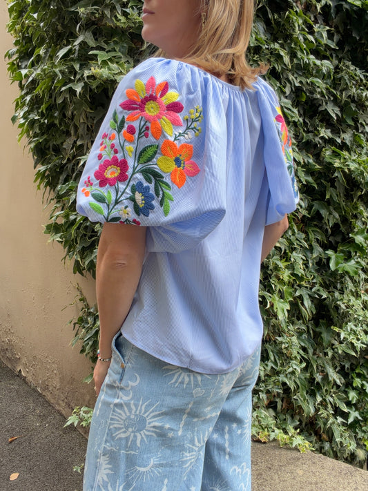 Embroidered sleeve blouse - blue