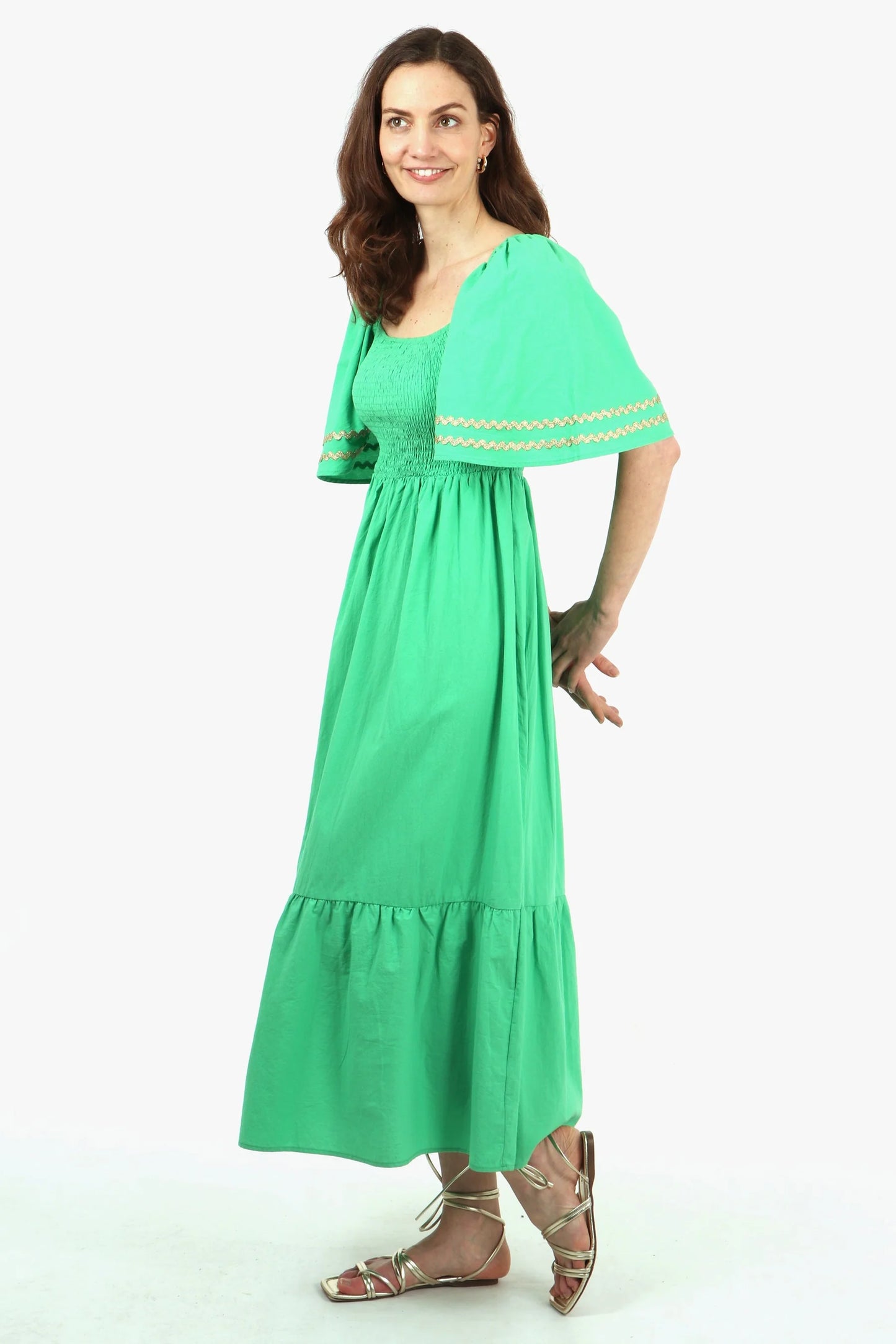 Shirred Maxi Milkmaid Cotton Dress With Bell Sleeves in Green