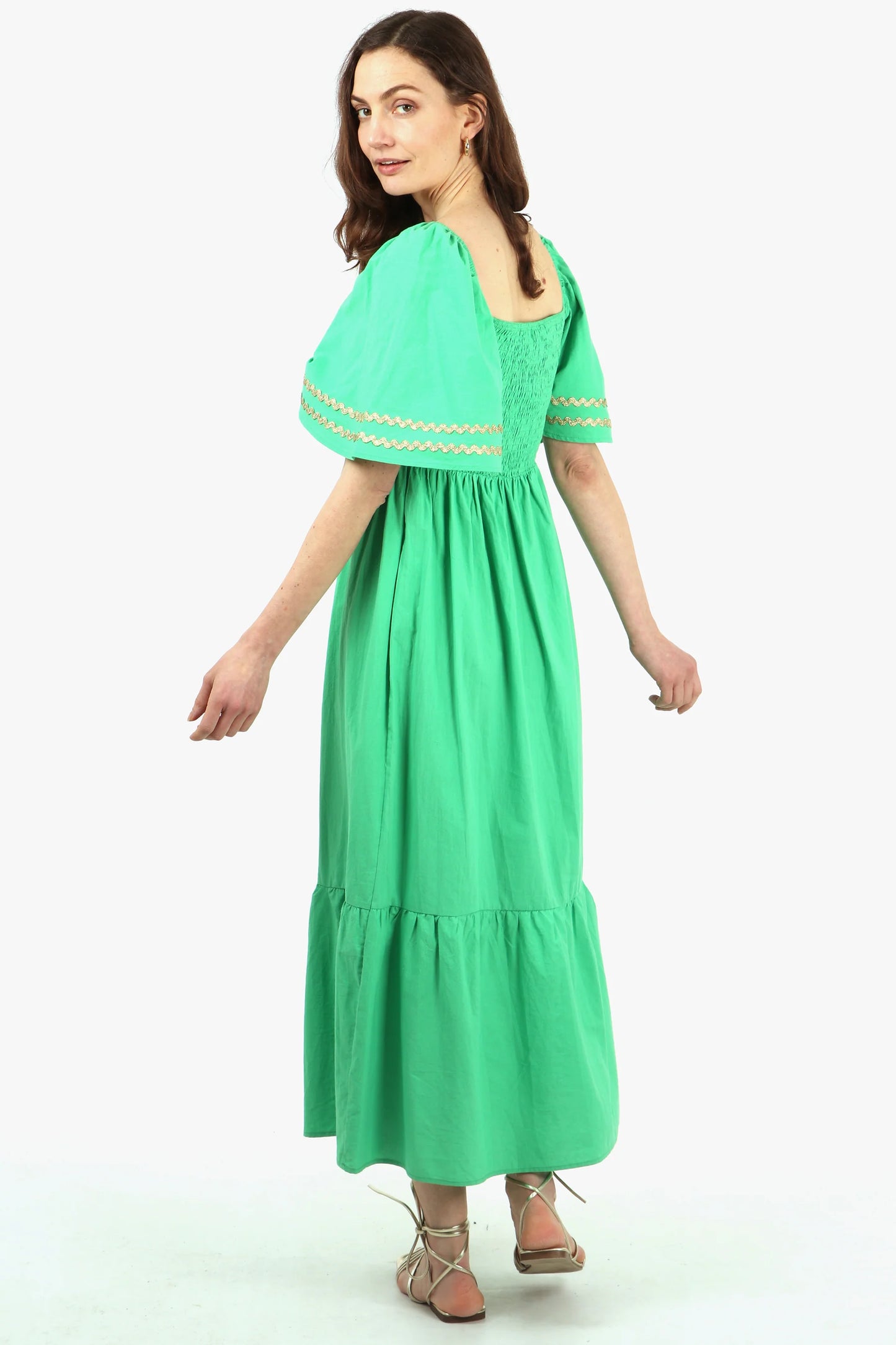 Shirred Maxi Milkmaid Cotton Dress With Bell Sleeves in Green