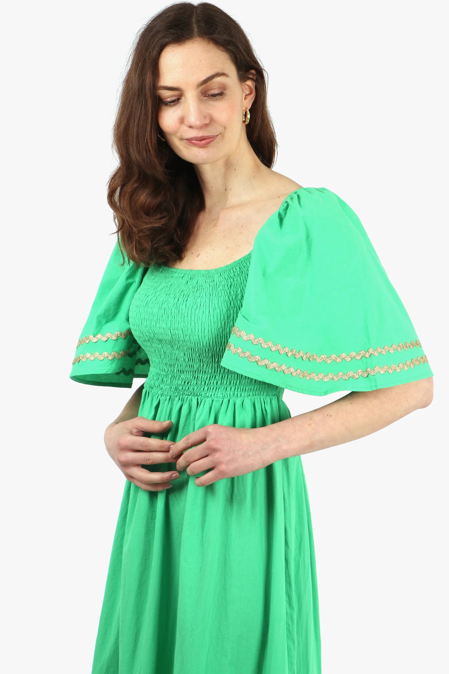 Shirred Maxi Milkmaid Cotton Dress With Bell Sleeves in Green