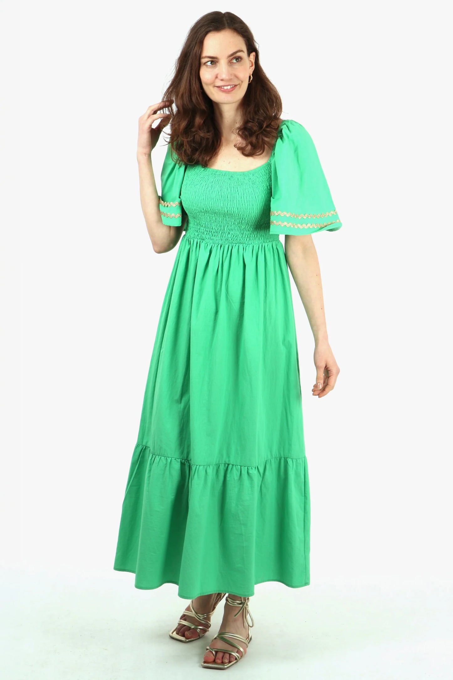 Shirred Maxi Milkmaid Cotton Dress With Bell Sleeves in Green