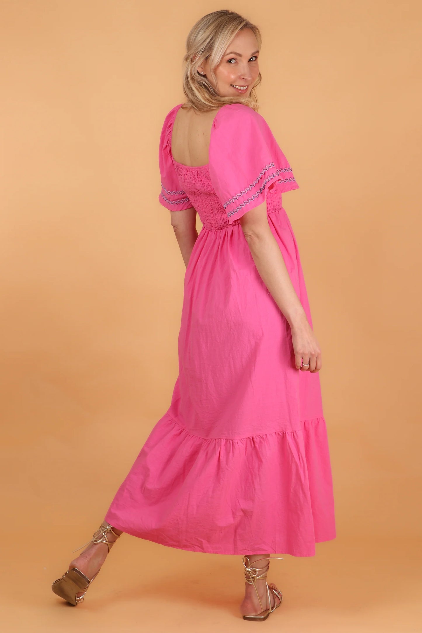 Shirred Maxi Milkmaid Cotton Dress With Bell Sleeves in Pink