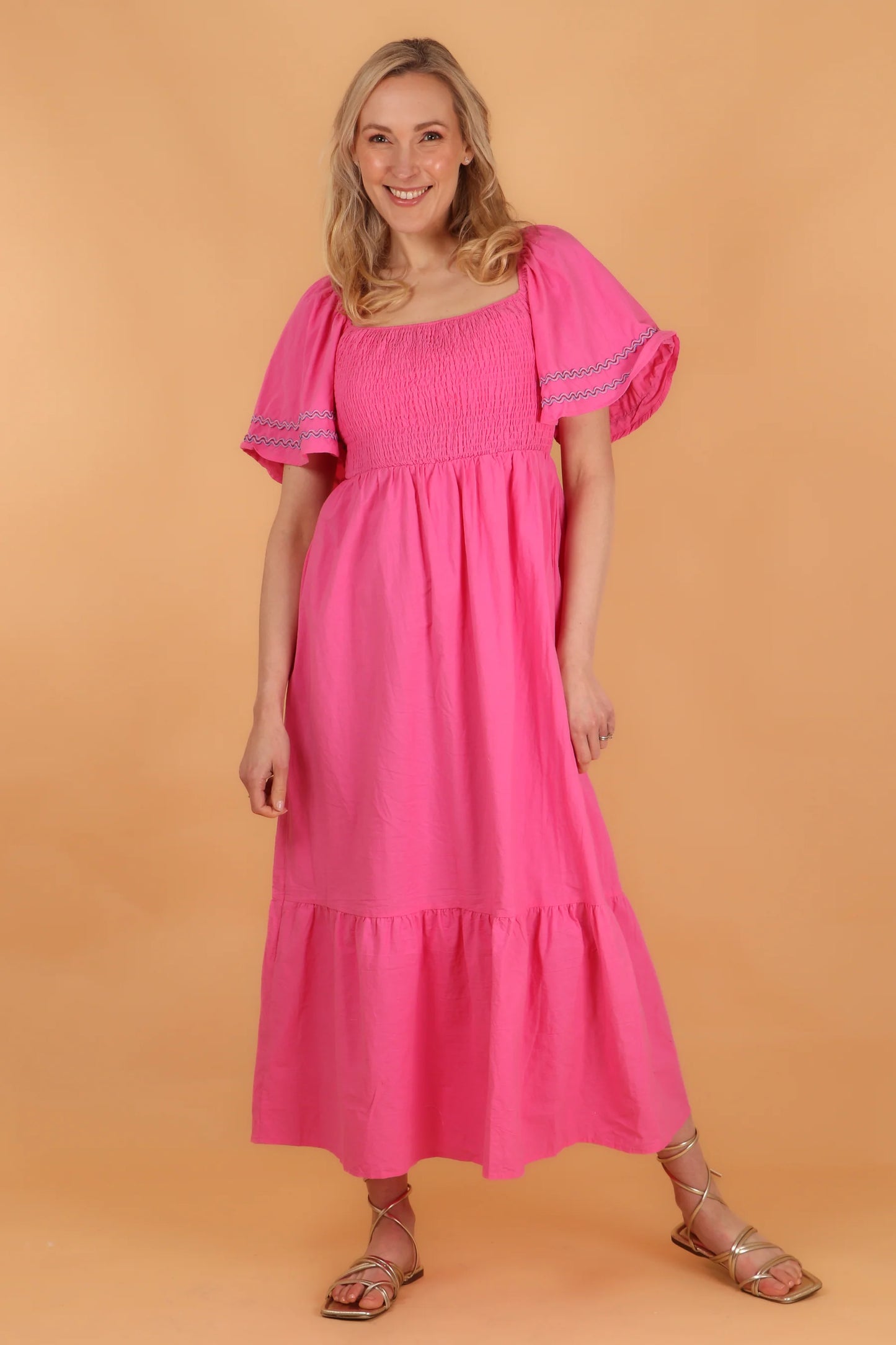 Shirred Maxi Milkmaid Cotton Dress With Bell Sleeves in Pink