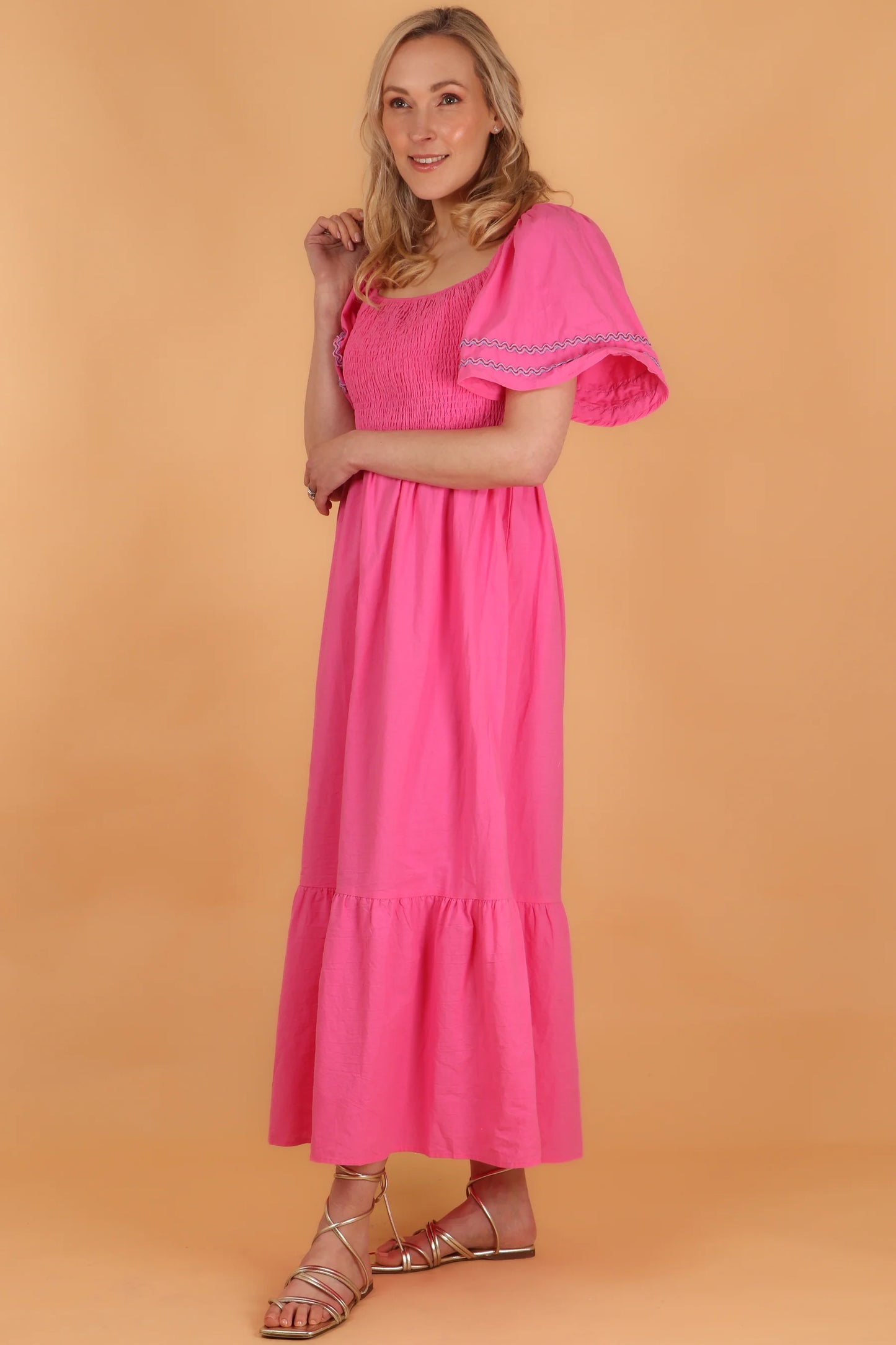 Shirred Maxi Milkmaid Cotton Dress With Bell Sleeves in Pink