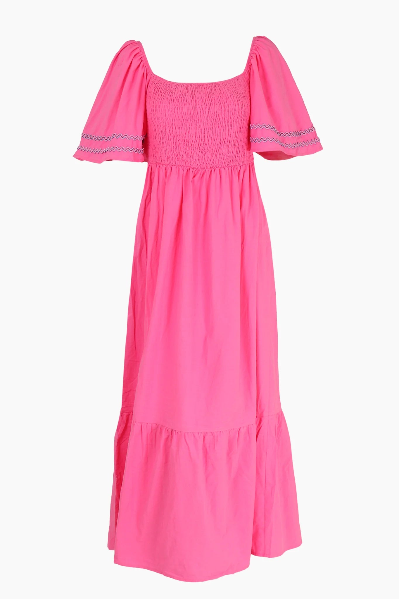 Shirred Maxi Milkmaid Cotton Dress With Bell Sleeves in Pink