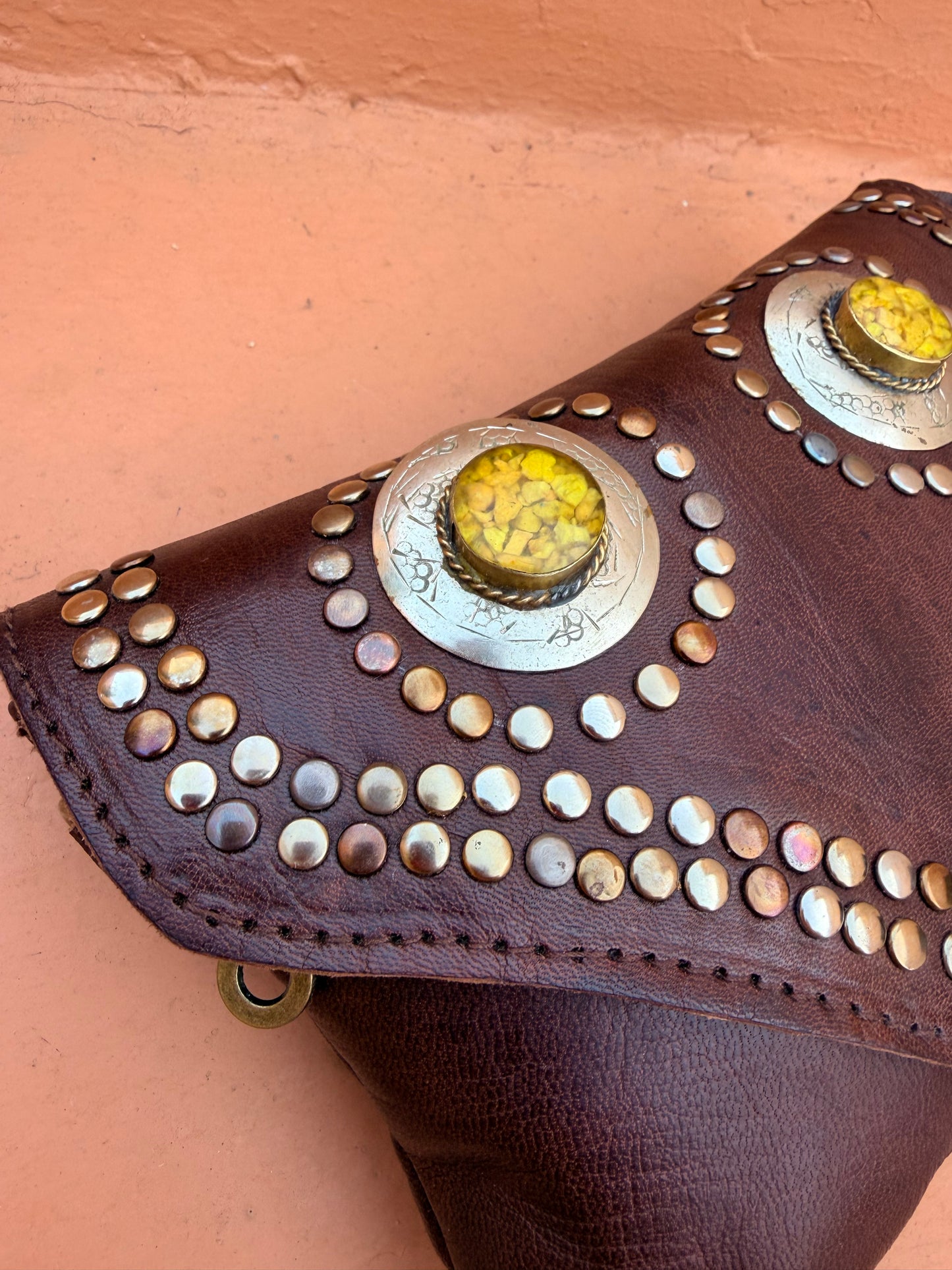 Maroc Leather Bag - chocolate/yellow stones