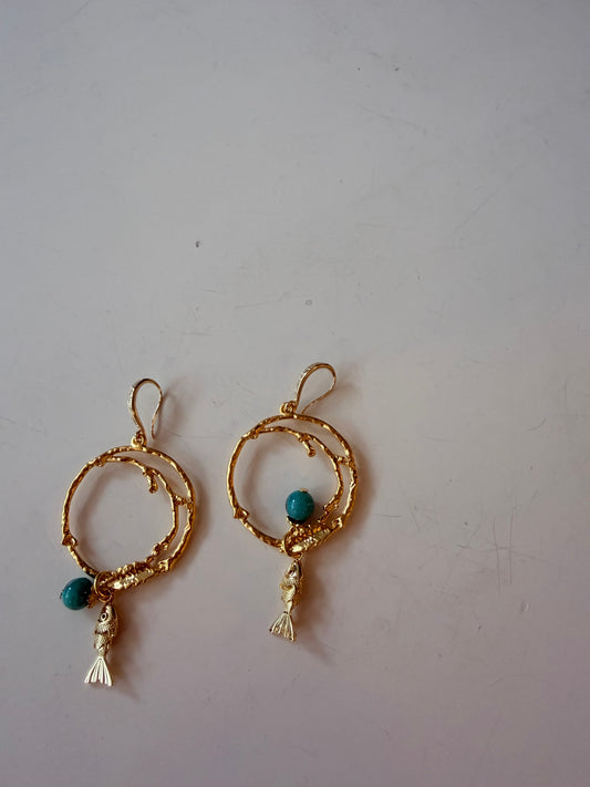 DW Hoop Earrings - fish/green stone
