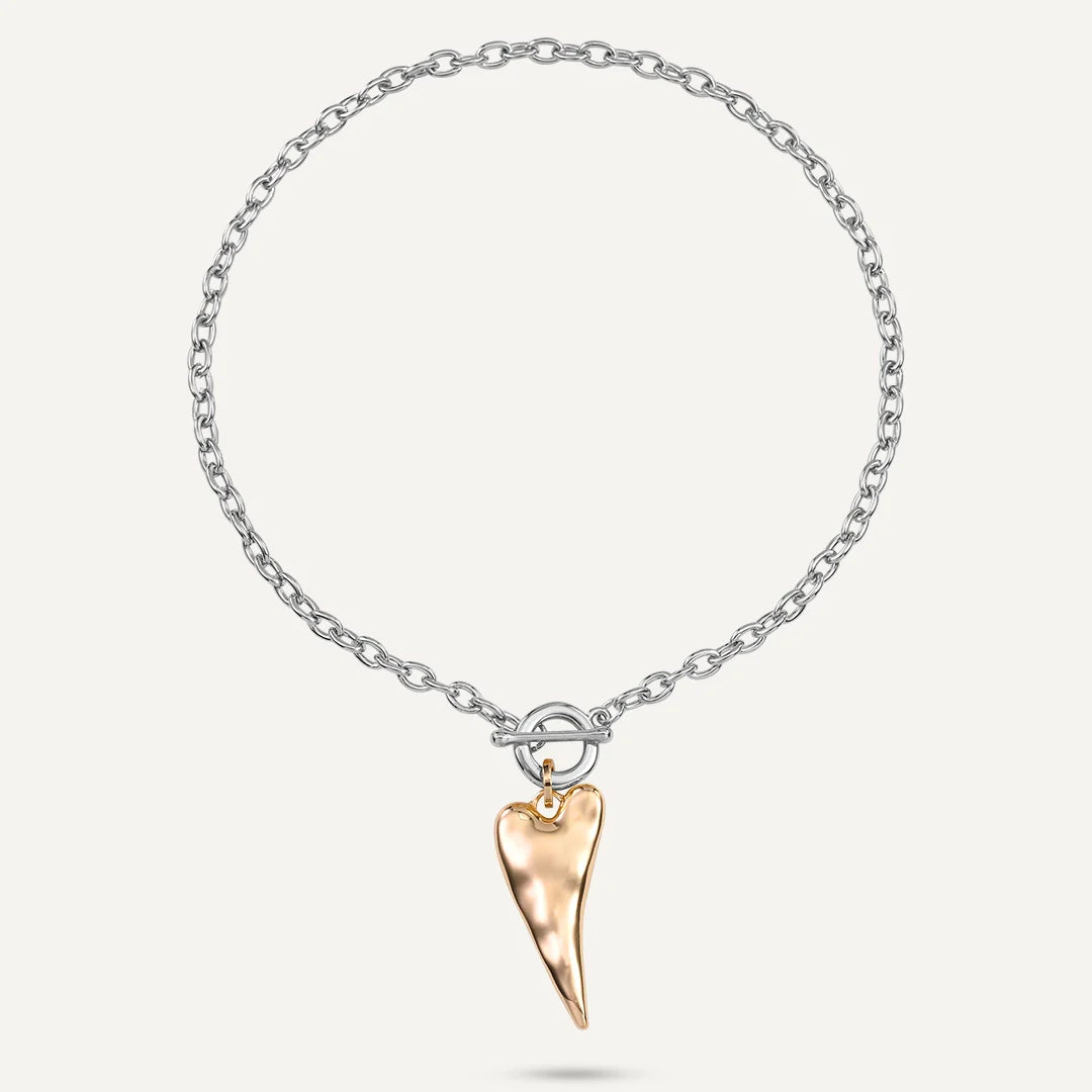 Short Mixed Metal Heart Drop Pendant Necklace Gold & Silver-Tone