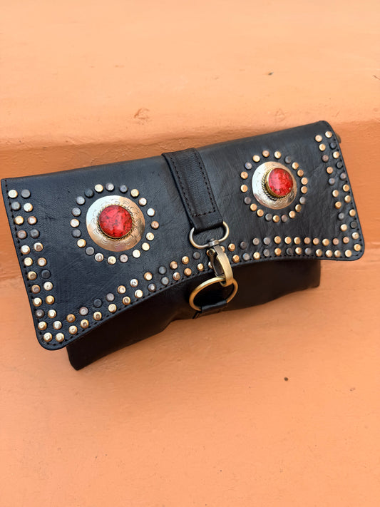 Maroc Leather Bag - black/red stones