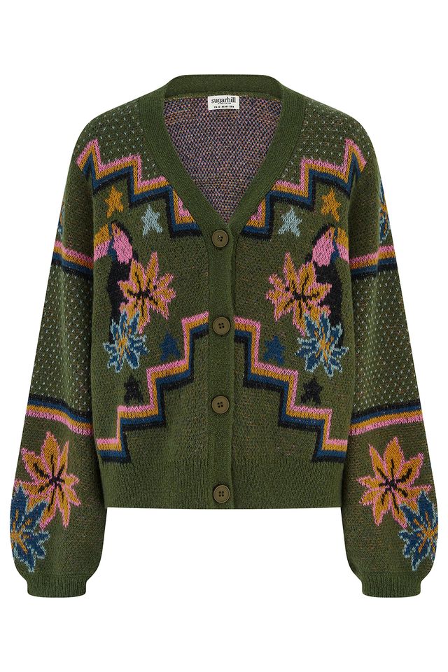 Ryanne Cardigan - Khaki Green Geometric Toucans