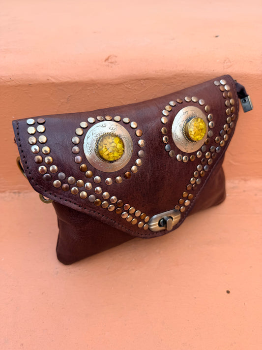 Maroc Leather Bag - chocolate/yellow stones