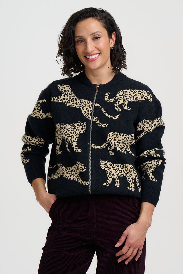 Solana Knitted Bomber Jacket - Monochrome Leoprards