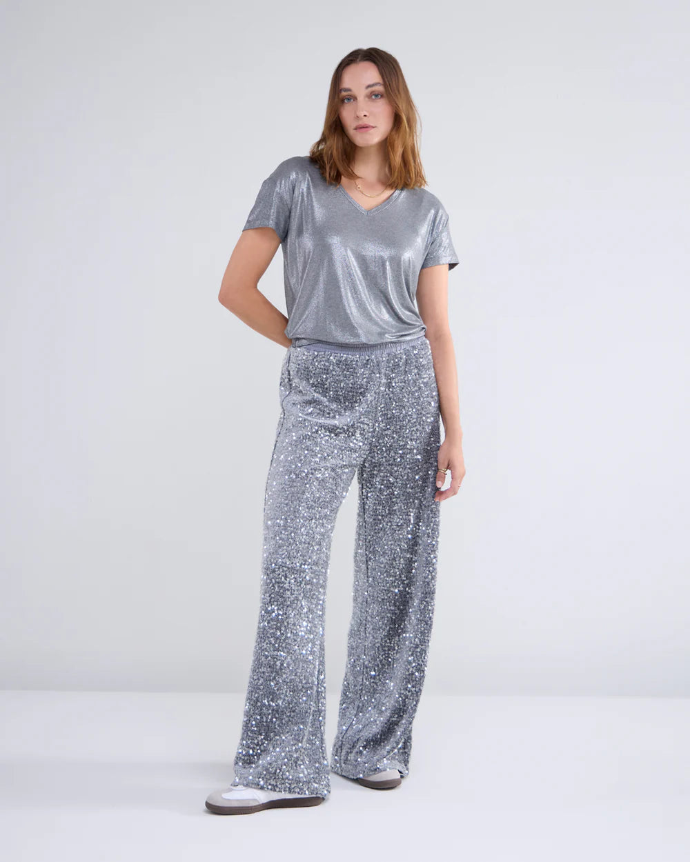 Summum V neck Metallic Tee - Cloud