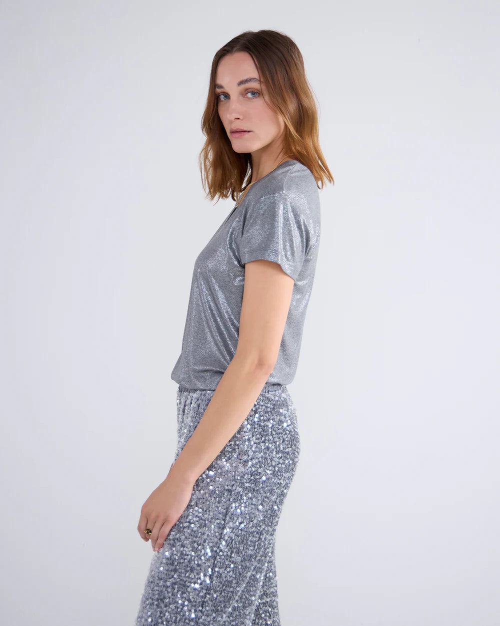 Summum V neck Metallic Tee - Cloud