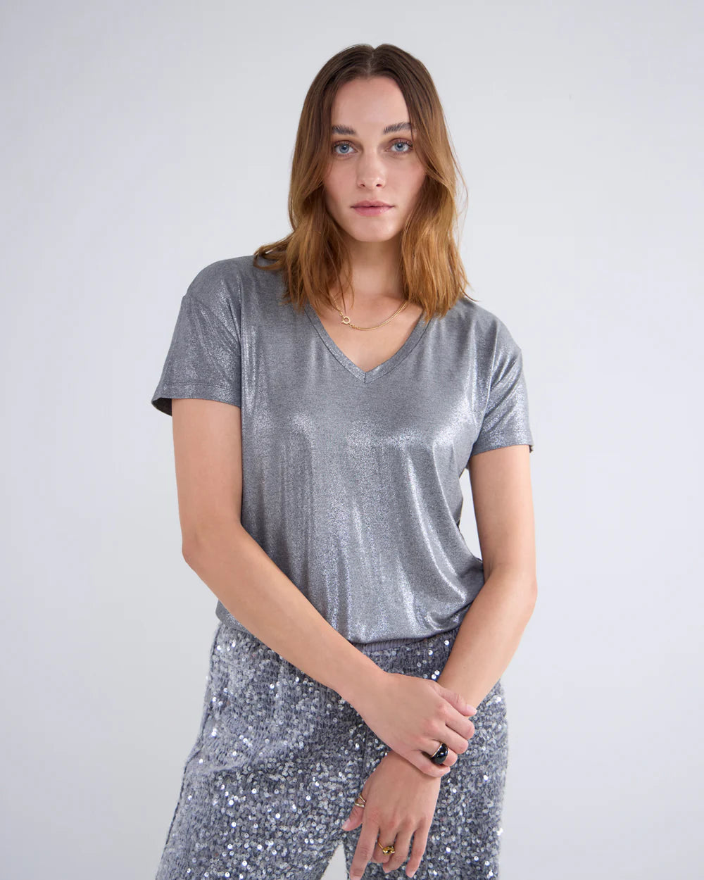 Summum V neck Metallic Tee - Cloud