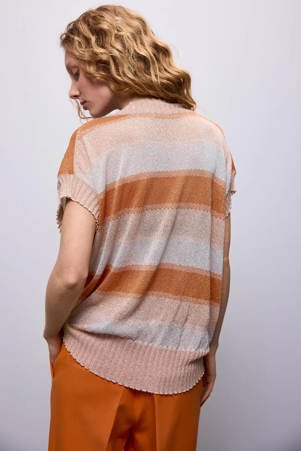 Summum V-neck sweater short sleeve refined striped knit - Orange