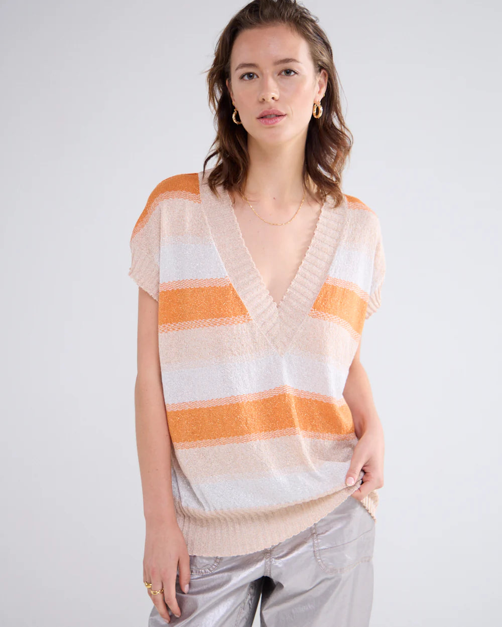 Summum V-neck sweater short sleeve refined striped knit - Orange