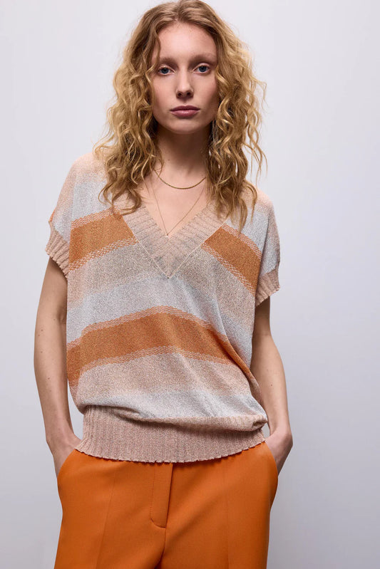 Summum V-neck sweater short sleeve refined striped knit - Orange