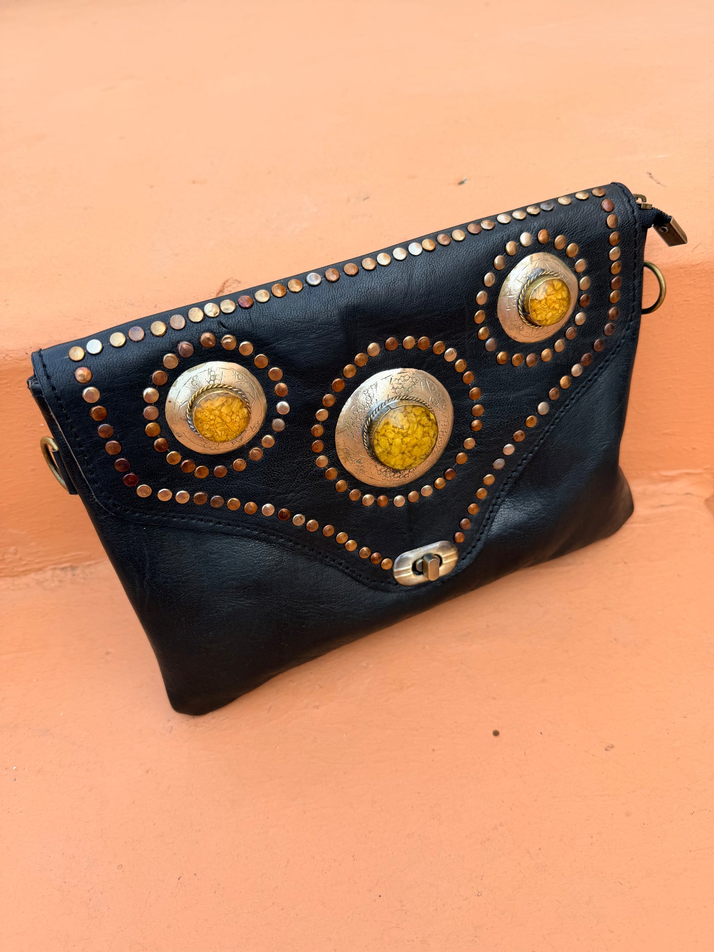 Maroc Leather Bag - black/yellow stones