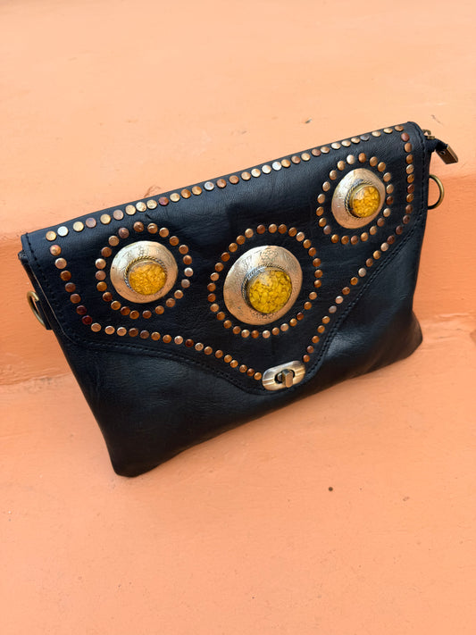 Maroc Leather Bag - black/yellow stones