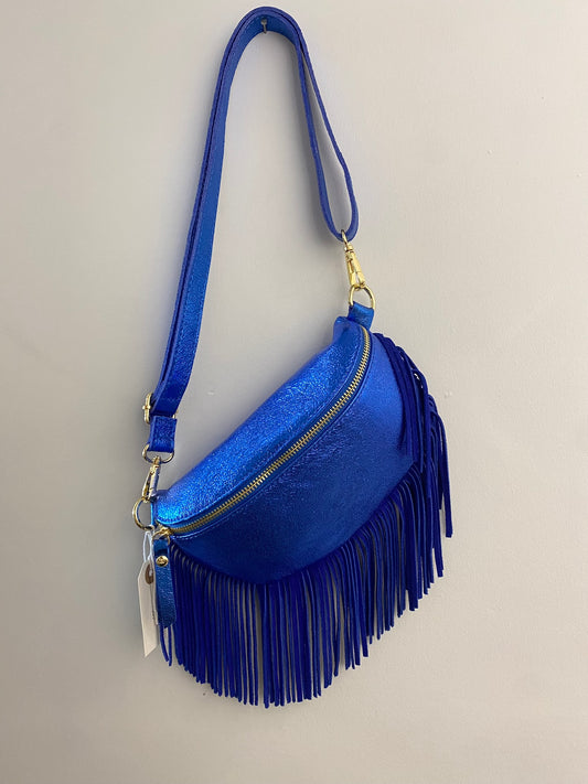 Italian Leather Half Moon Crossbody Bag with Fringed Trim in Metallic Blue