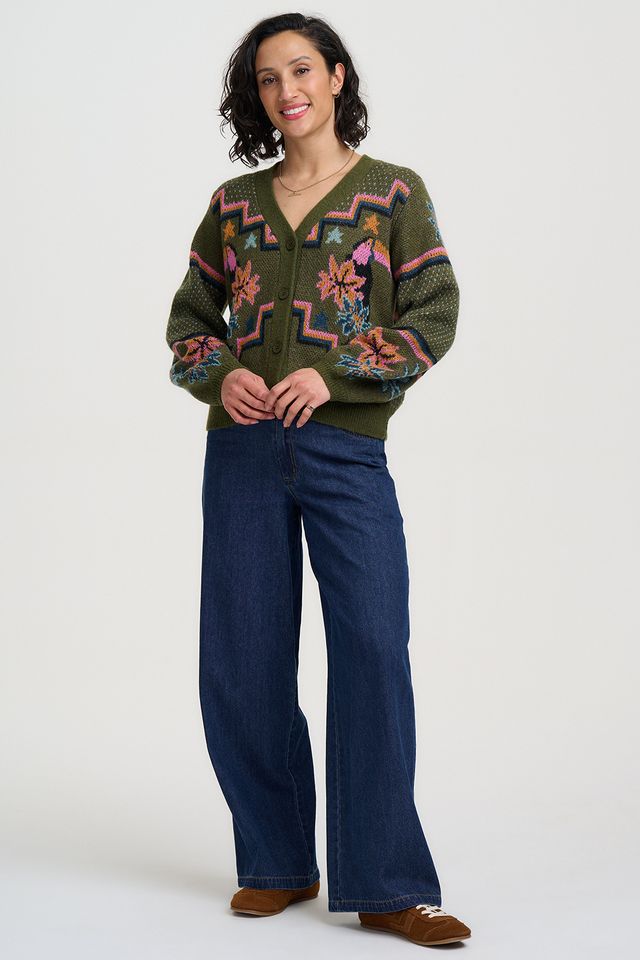 Ryanne Cardigan - Khaki Green Geometric Toucans