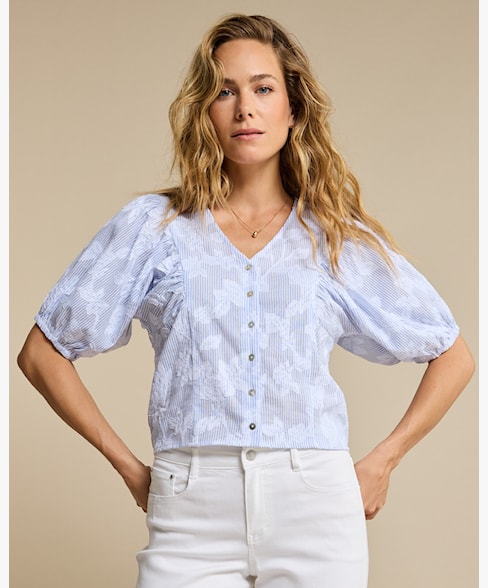 RB Baloon Sleeve Stripe & Flowers Blouse - Blue