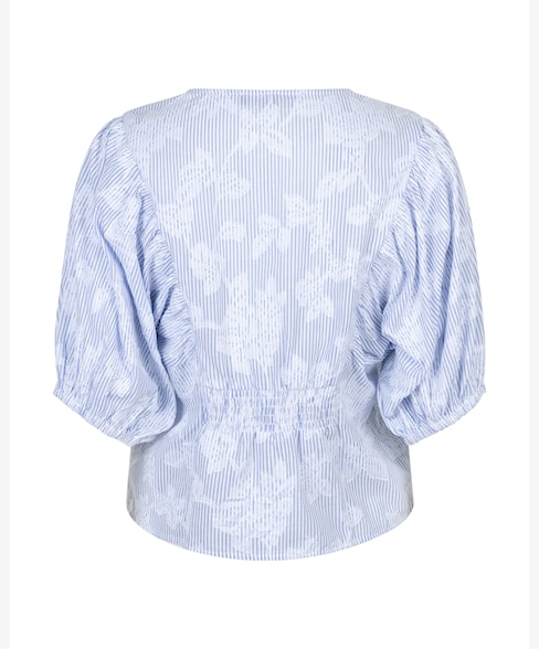 RB Balloon Sleeve Stripe & Flowers Blouse - Blue
