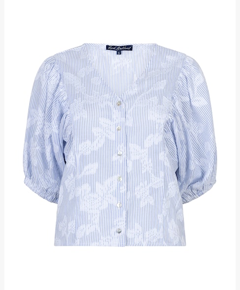 RB Balloon Sleeve Stripe & Flowers Blouse - Blue