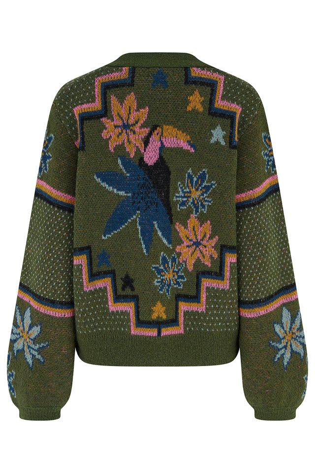 Ryanne Cardigan - Khaki Green Geometric Toucans