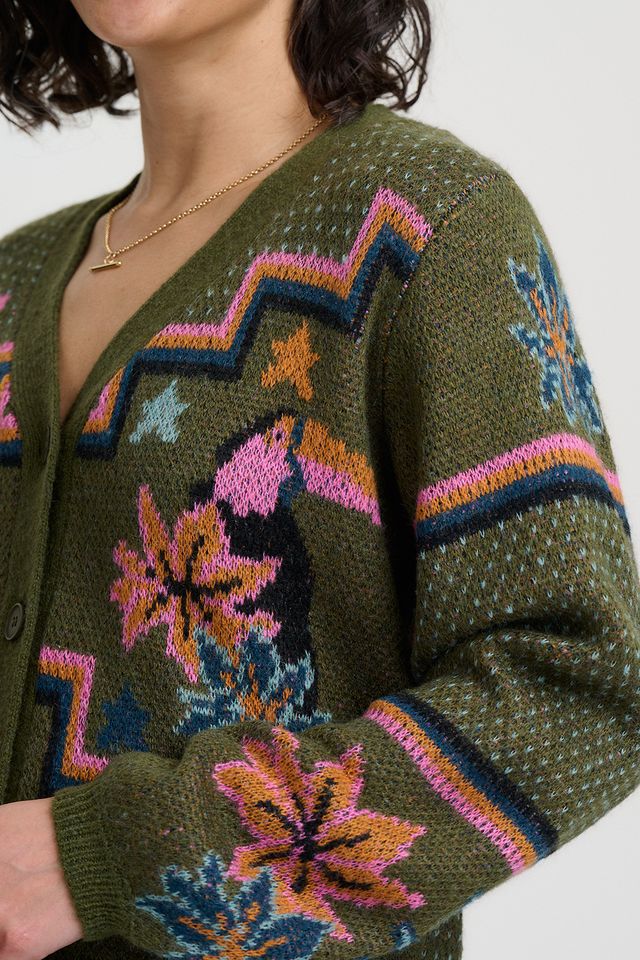 Ryanne Cardigan - Khaki Green Geometric Toucans